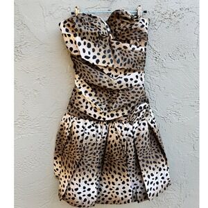 Vintage Positively Ellyn Strapless Leopard Print Ruched Ruffle Dress Glam Party